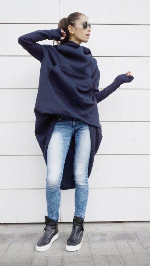 Navy Blue Extravarant Maxi Asymmetrical Hoodie Fleece Cotton Warm Top A08023