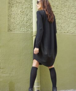 Aakasha A02546 Oversized Black Tunic - Linen Cotton, Loose Casual Top, Extravagant Long Sleeve Dress