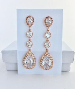 Sparkling Elegance Elongated Rose Gold Crystal Earrings for Bridal and Bridesmaid Adornment