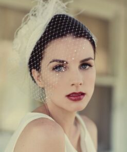 Enchanting Victorian Bridal Veil Ivory Birdcage Blusher with Crystal, Feather Fascinator, and Customizable Silk Flowers