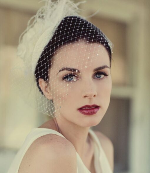 Enchanting Victorian Bridal Veil Ivory Birdcage Blusher with Crystal, Feather Fascinator, and Customizable Silk Flowers