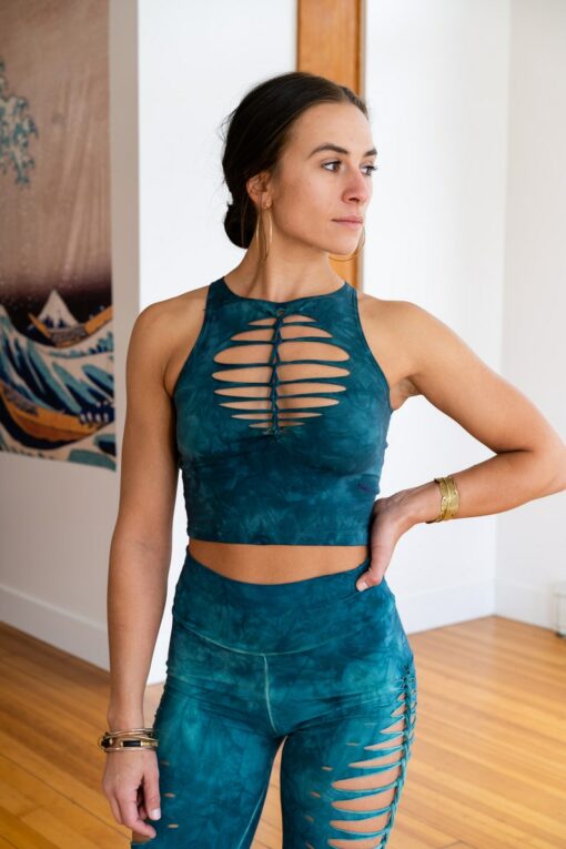 Teal Shiva Crop Top and Hand-Dyed Yoga Slit Weave Fire Hula Hoop Elevate Your Practice with Style and Flow
