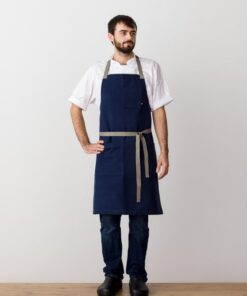 Premium Chef Apron Navy Blue Canvas with Tan Straps, Handcrafted for Kitchen and Restaurant Professionals
