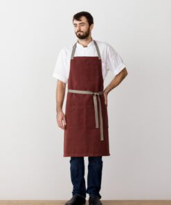 Premium Chef Apron Maroon with Tan Straps, Handcrafted 100% Cotton for Kitchen and Restaurant Professionals