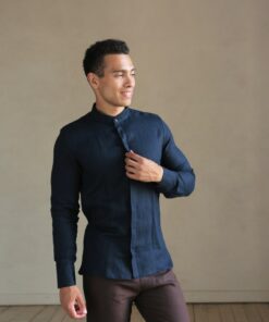Timeless Elegance Dark Blue Linen Shirt for Men, Perfect for Weddings and Summer Soirees