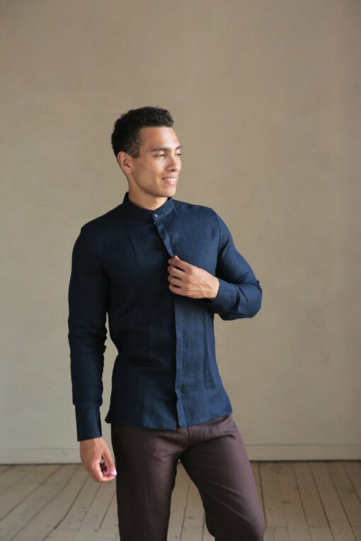Timeless Elegance Dark Blue Linen Shirt for Men, Perfect for Weddings and Summer Soirees