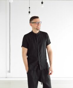 Timeless Elegance Black Linen Sleeveless Dress Shirt for Men