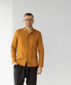 Saffron Linen Band Collar Shirt A Timeless Classic for Elegant Occasions