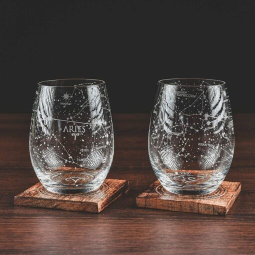 Aries Etched Stemless Wine Glasses Celestial Sips for the Ram