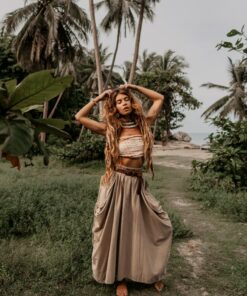 Flowy Bohemian Maxi Skirt Alaina in Organic Beige with Pockets