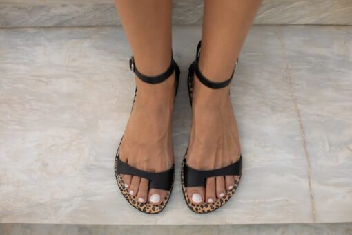 Handmade Greek Genuine Leather Flat Sandals Cleopatra's Embrace in Black and Brown Leopard Print
