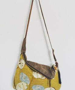 Rustic Linen Print Hobo Crossbody Bag A Bohemian Rhapsody in Mustard Yellow