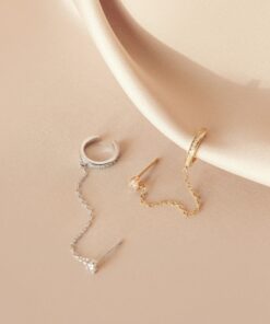 Minimalist Pave Ear Cuff Chain Earrings Diamond Stud Dangle Earrings in Gold and Sterling Silver