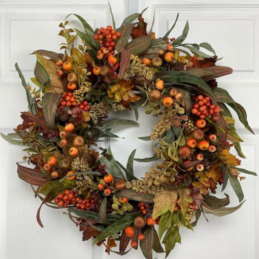 Autumnal Embrace Fall Wreath Adorned with Vibrant Foliage and Berries