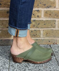 Lotta from Stockholm Classic Green Oiled Nubuck Leather Clogs - Handmade Swedish Comfort
