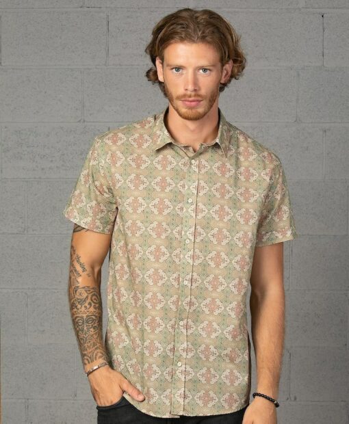 Embark on a Tribal Odyssey Shipibo Short Sleeve Men's Button-Up Shirt for Urban Explorers and Hippie Aesthetes
