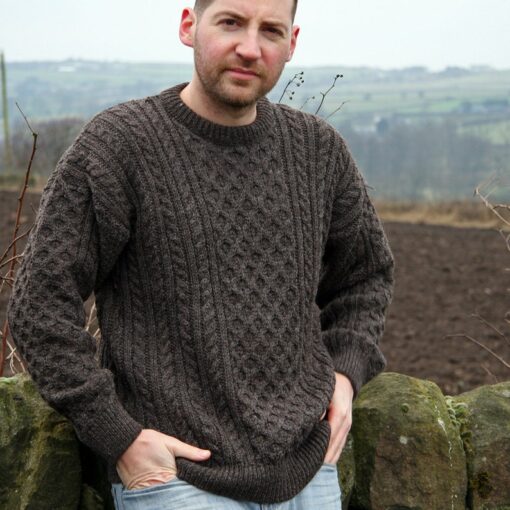 Jacob Wool Sustainable, Fair Trade, UK-Made Aran Sweater in Dark Brown