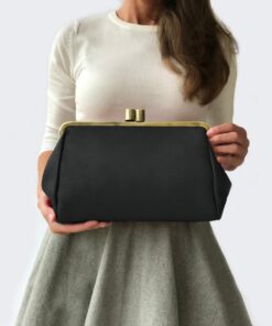 Dakota Vintage Black Leather Kiss Lock Clutch Handbag