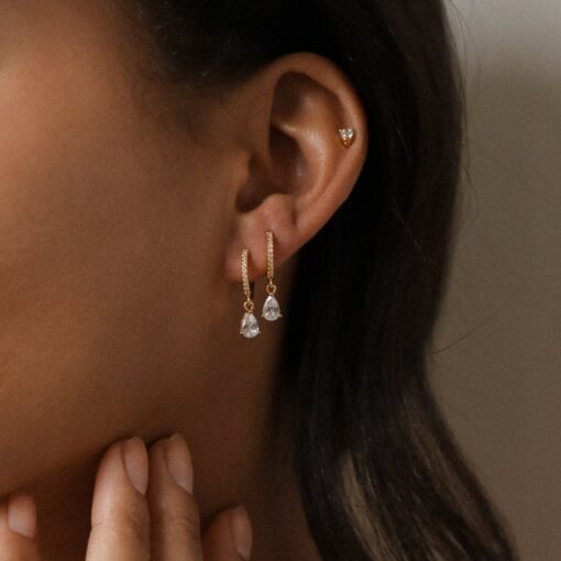 Caitlyn Minimalist Diamond Drop Earrings Pave Huggie Hoop Dangle Earrings for Weddings and Bridal Occasions (ER117)