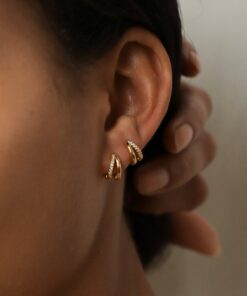Caitlyn Minimalist Double Hoop Huggie Earrings Pave Gold Huggie Hoops with Diamonds for Bridesmaids and Weddings (ER119)