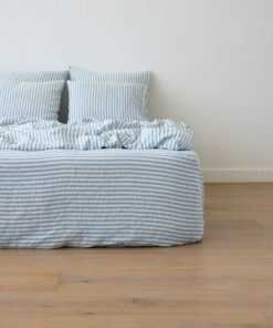 Luxurious Washed Linen Fitted Sheet Ticking Stripe in Azure and Ivory