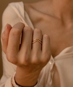 CaitlynMinimalist Curve Ring Set Stackable Diamond Chevron & Gold Band (RR037)