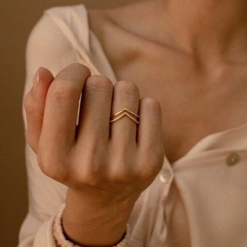 CaitlynMinimalist Curve Ring Set Stackable Diamond Chevron & Gold Band (RR037)