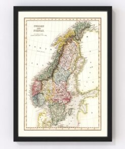 Vintage 1832 Sweden and Norway Map Art - Framed or Canvas