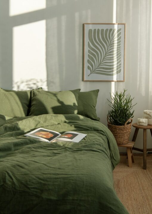 Indulge in Tranquility Luxurious Green Linen Bedding Set, Crafted from 100% Natural Flax, Customizable to Your Dreamy Dimensions