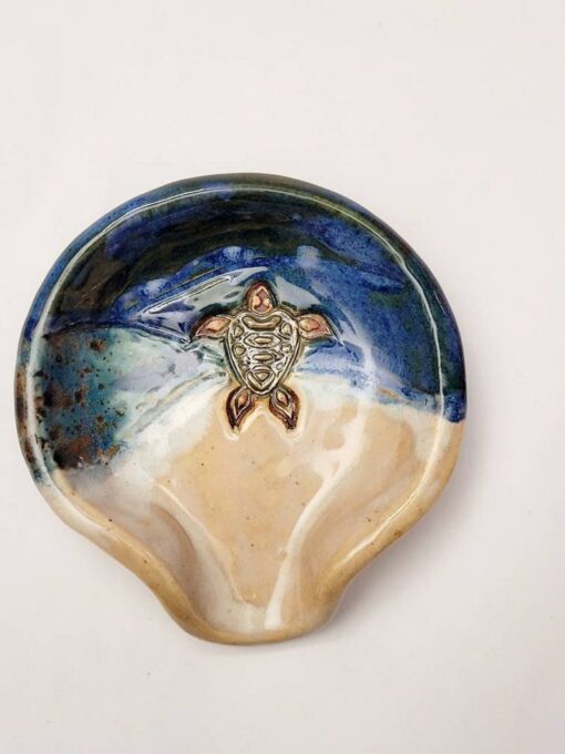Blue Sea Turtle Spoon Rest and Teabag Holder Handmade Ocean-Themed Pottery for Coastal Decor