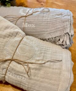 Personalized Muslin Throw Blanket Embroidered Message, Monogrammed Comfort