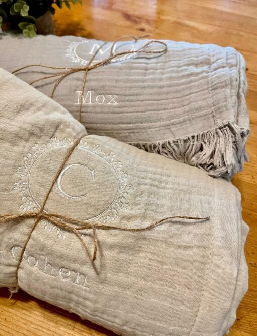 Personalized Muslin Throw Blanket Embroidered Message, Monogrammed Comfort