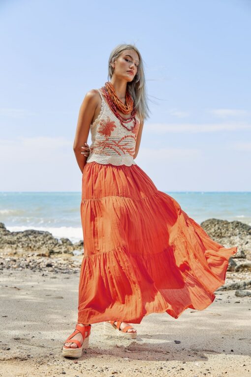 Flowy Bohemian Rhapsody Unleash Your Inner Gypsy with Our Orange Tiered Maxi Skirt