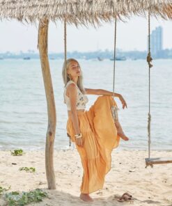 NO.5 Women's Hippie Gypsy Boho Tiered Peasant Long Maxi Skirt in Vibrant Yellow Ochre