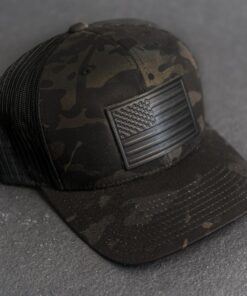 American Flag Trucker Hat Black Multicam with Personalized Leather Patch