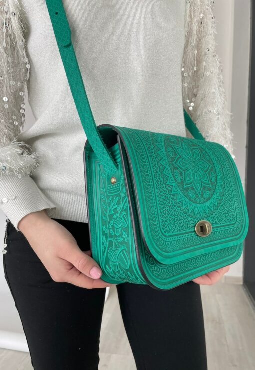 Genuine Leather Messenger Bag Handmade Green Boho Satchel for Women