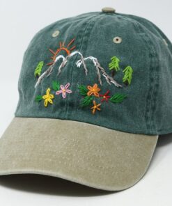 Hand Embroidered Mountain Flower Trees 2-Tone Green Beige Washed Cotton Baseball Cap for Summer Sun Protection