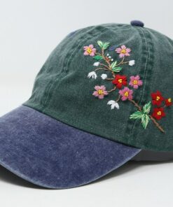 Embroidered Floral Baseball Cap Summer Sun Hat with Handcrafted Pink and Red Flowers