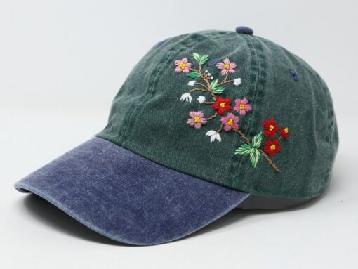 Embroidered Floral Baseball Cap Summer Sun Hat with Handcrafted Pink and Red Flowers