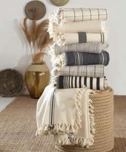 Organic Cotton Bedspread Turkish Cotton Throw Blanket, Queen Size, Plaid Striped, Farmhouse Decor