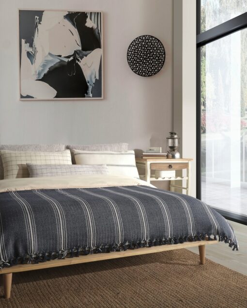 Boho Bliss Navy Blue and Cream Woven Cotton Bedspread for King Size, Perfect for Summer Nights and Mother's Day