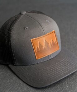 Pine Tree Ridgeline Trucker Hat Leather Patch, Hiking Apparel, Unisex Gift