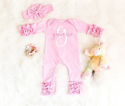 Personalized Baby Girl Coming Home Outfit Ruffled Romper, Custom Shower Gift, Newborn Layette