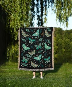 Luna Moths Jacquard Blanket 100% Cotton, Woven in the USA, Queen Size (60" x 80") with Fringed Edge