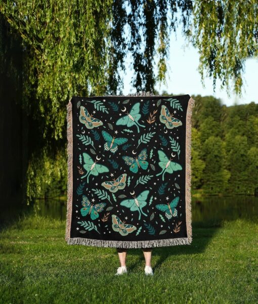 Luna Moths Jacquard Blanket 100% Cotton, Woven in the USA, Queen Size (60" x 80") with Fringed Edge