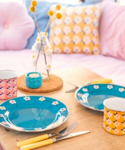 Enamelhappy Ocean Teal Blue Retro Floral Enamel Plates Perfect for Camping, Picnics, and Outdoor Adventures
