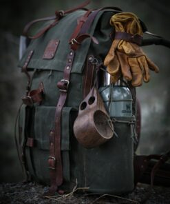 Customizable 50L Green Leather Camping Backpack for Hiking, Bushcraft, and Travel