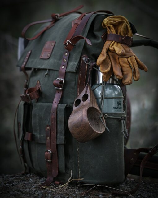 Customizable 50L Green Leather Camping Backpack for Hiking, Bushcraft, and Travel