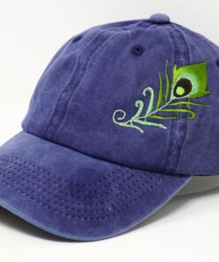 Embroidered Peacock Tail Feather Baseball Cap 100% Cotton Gray Sun Hat