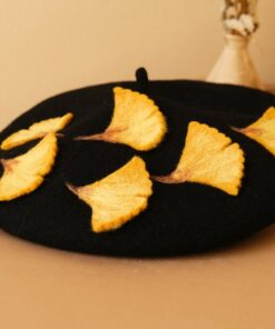 Autumn's Embrace Handcrafted Felted Beret with Fallen Ginkgo Leaves